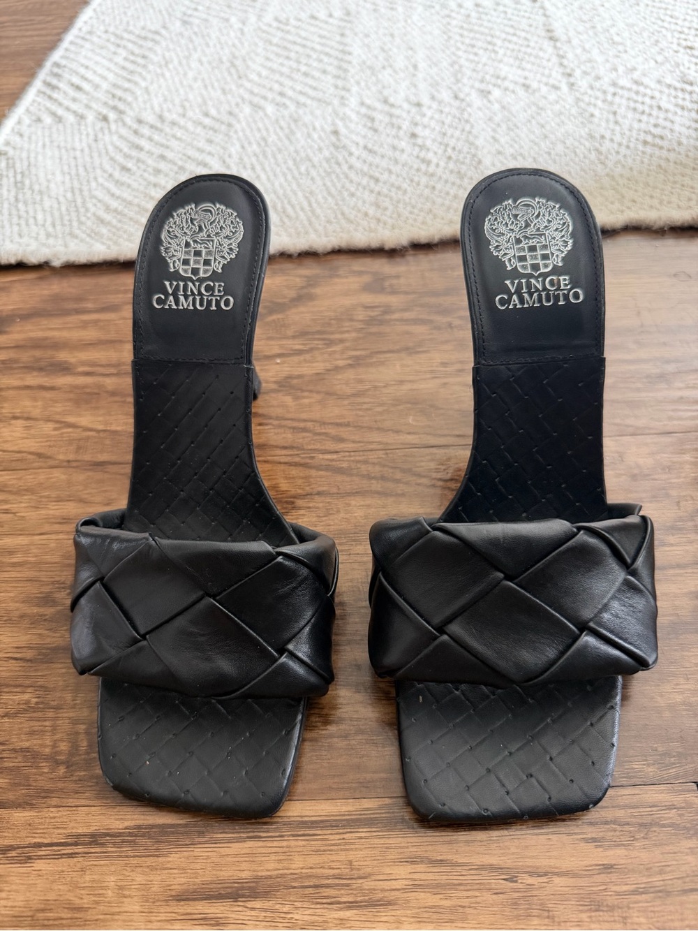 Vince Camuto Black Braided Leather Square-Toe Slide Sandals